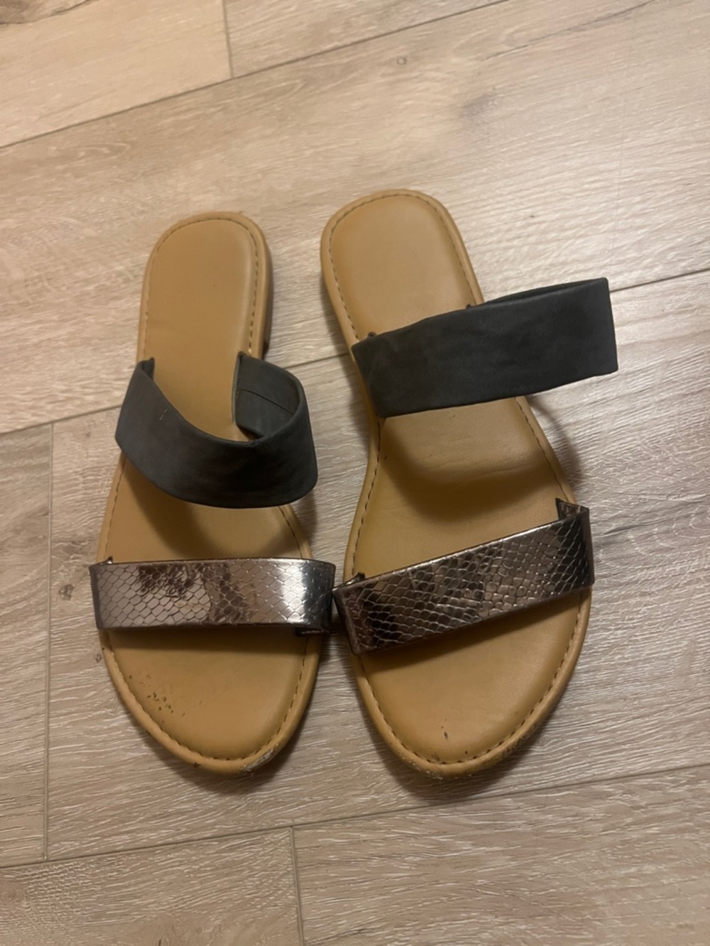 Women's Two-Band Slide Sandals in Black and Tan with Metallic Snake-Effect Strap